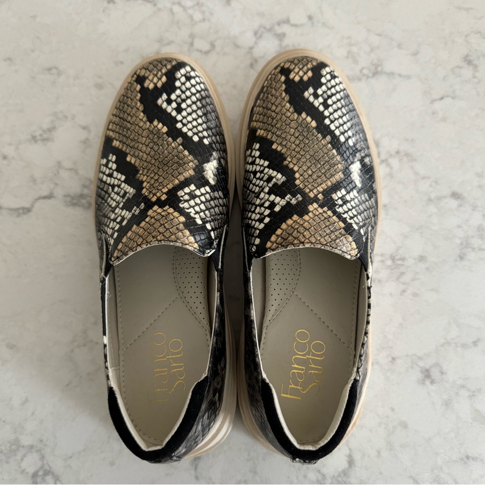 Franco Sarto Slip-On Mayve Sneaker - Beige Snakeskin, Size 6. Cushioned footbed